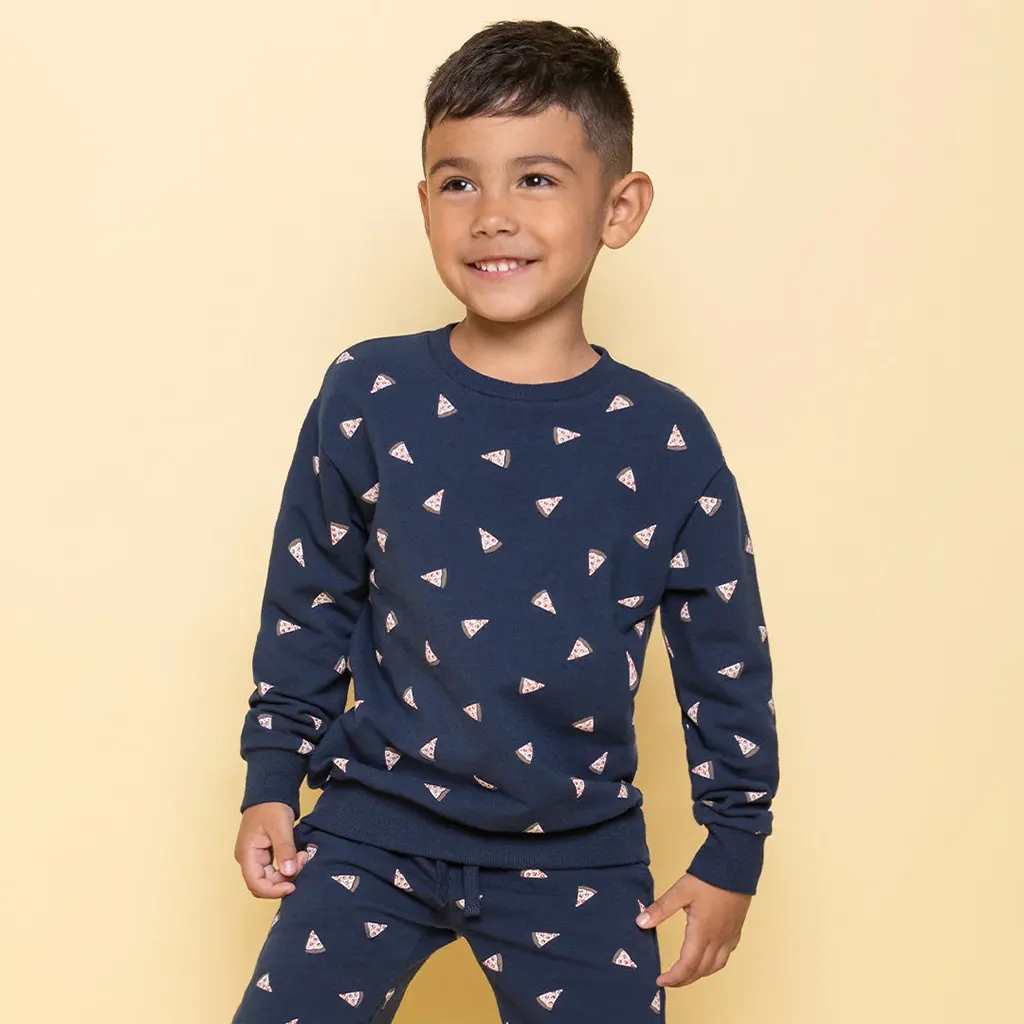 All Dressed Pizza Print on Navy Sweatshirt