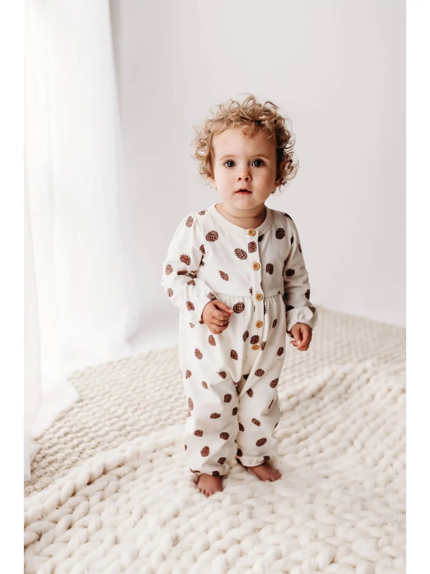 PNW Baby Gathered Button Romper- Pinecones