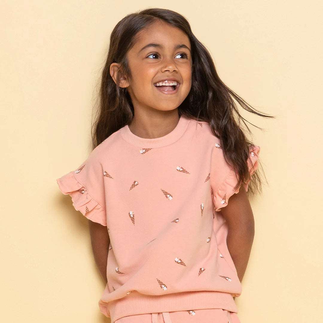 Ice Cream Cone Print on Papaya Ground Terry Children's Top