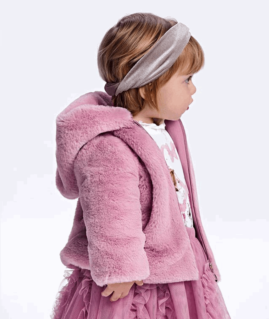 A purple fur coat with a hood and zipper closure.