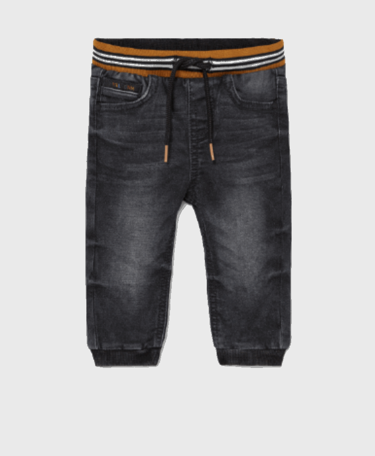 Black denim joggers with a drawstring