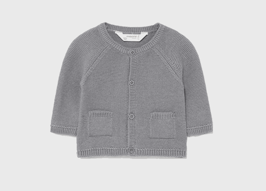 A silver gray cardigan with buttons and two pockets.