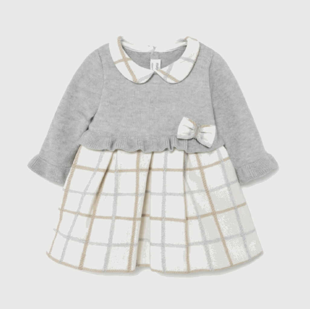 a gray and ivory plaid dress