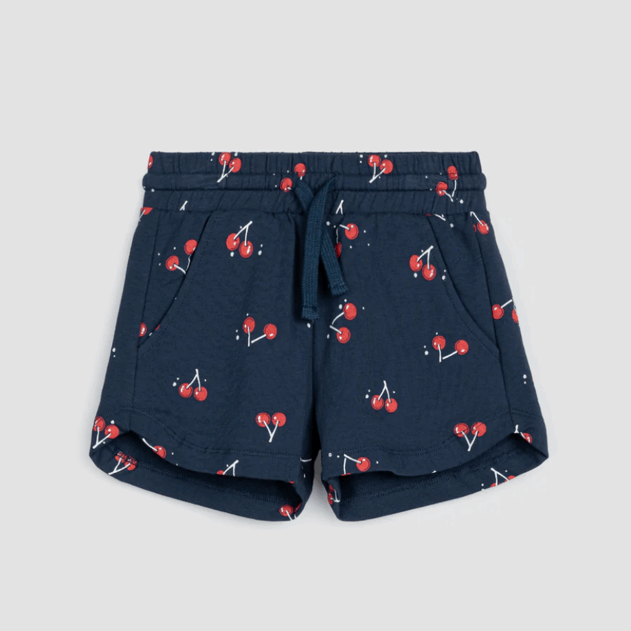 Cherry Print on Navy Terry Girl Shorts