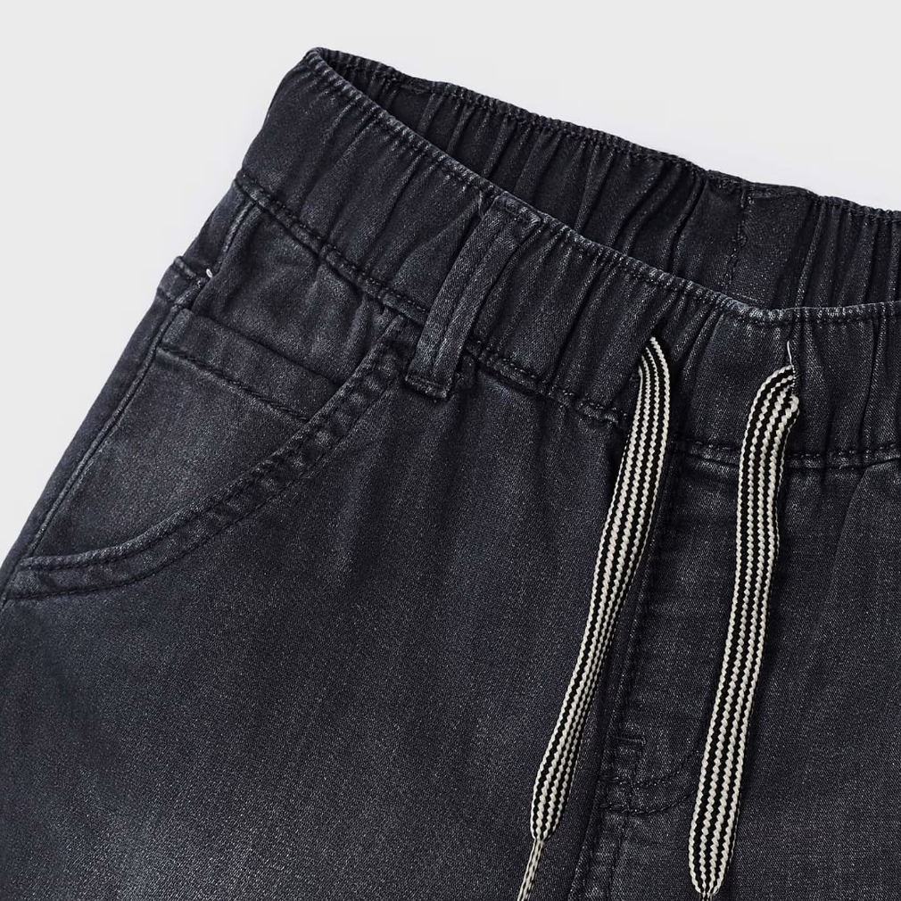 Gray Denim Shorts with Drawstring