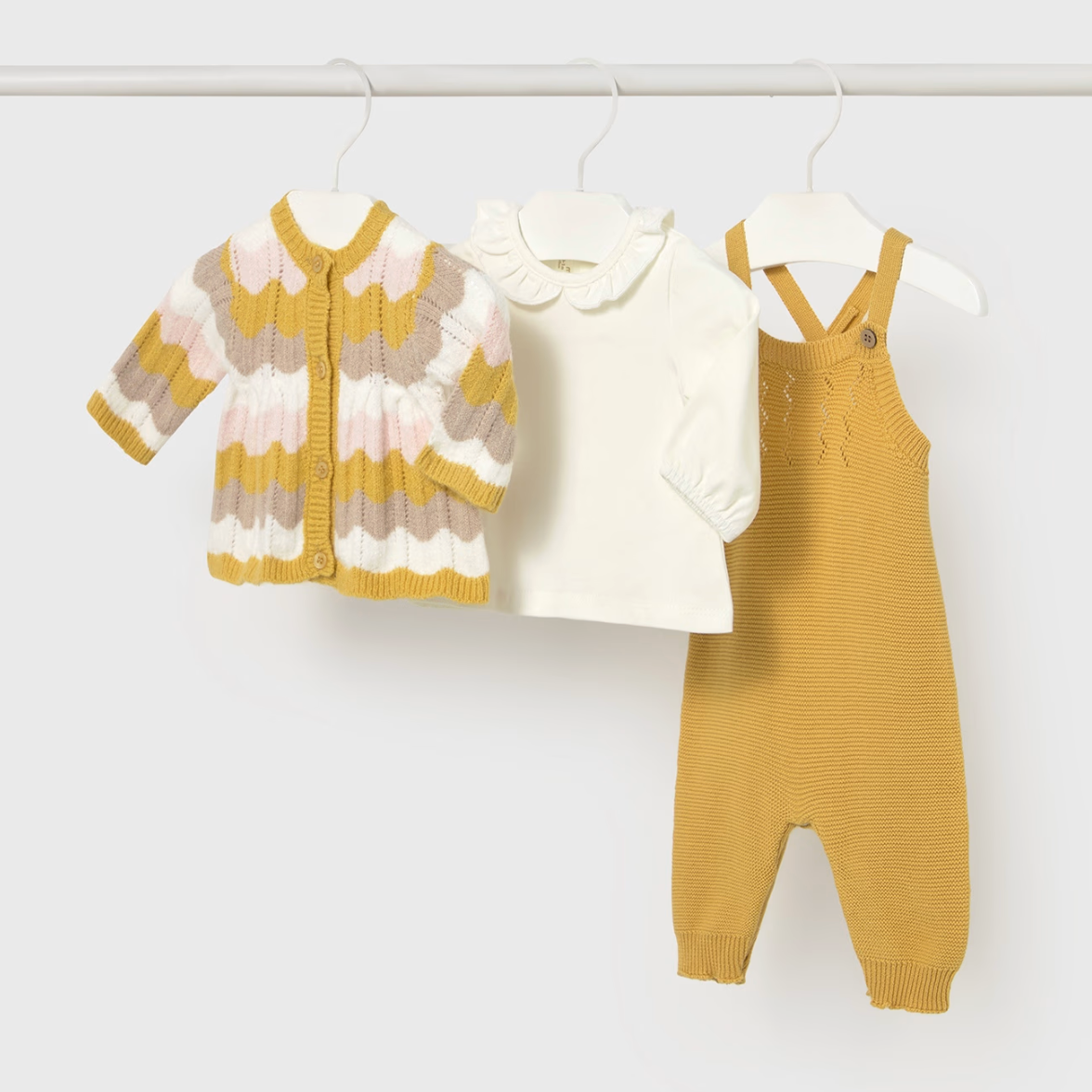 Scalloped Knit Dungaree and Cardigan Set