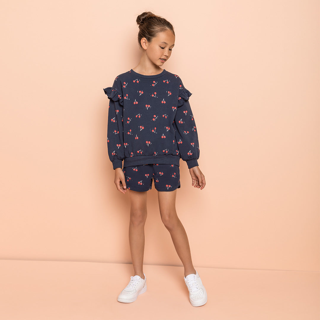 Cherry Print on Navy Terry Girl Shorts