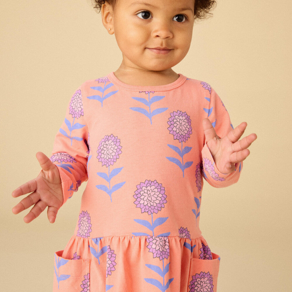 Long Sleeve Pocket Dress - Dahlias