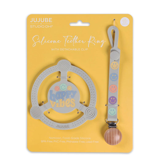 Silicone Teether Ring with Detachable Clip Happy Baby Vibes