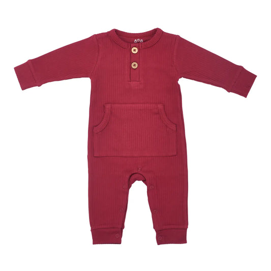 Baby Ribbed Playsuit with Pockets - Red