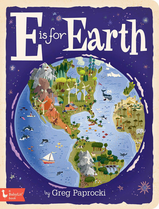 Board book titled E is for Earth featuring an image of the globe.