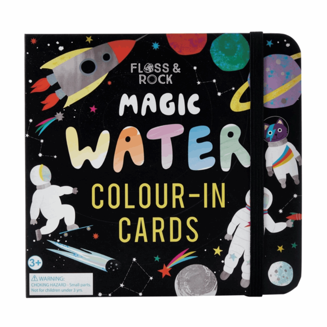 Floss and Rock Magic Water Cards featuring images of astronauts, planets and space ships