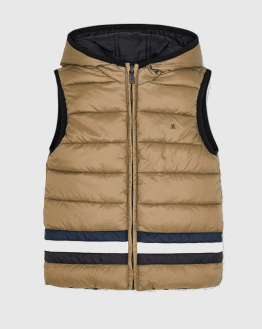 a tan puffer vest with black and white stripes