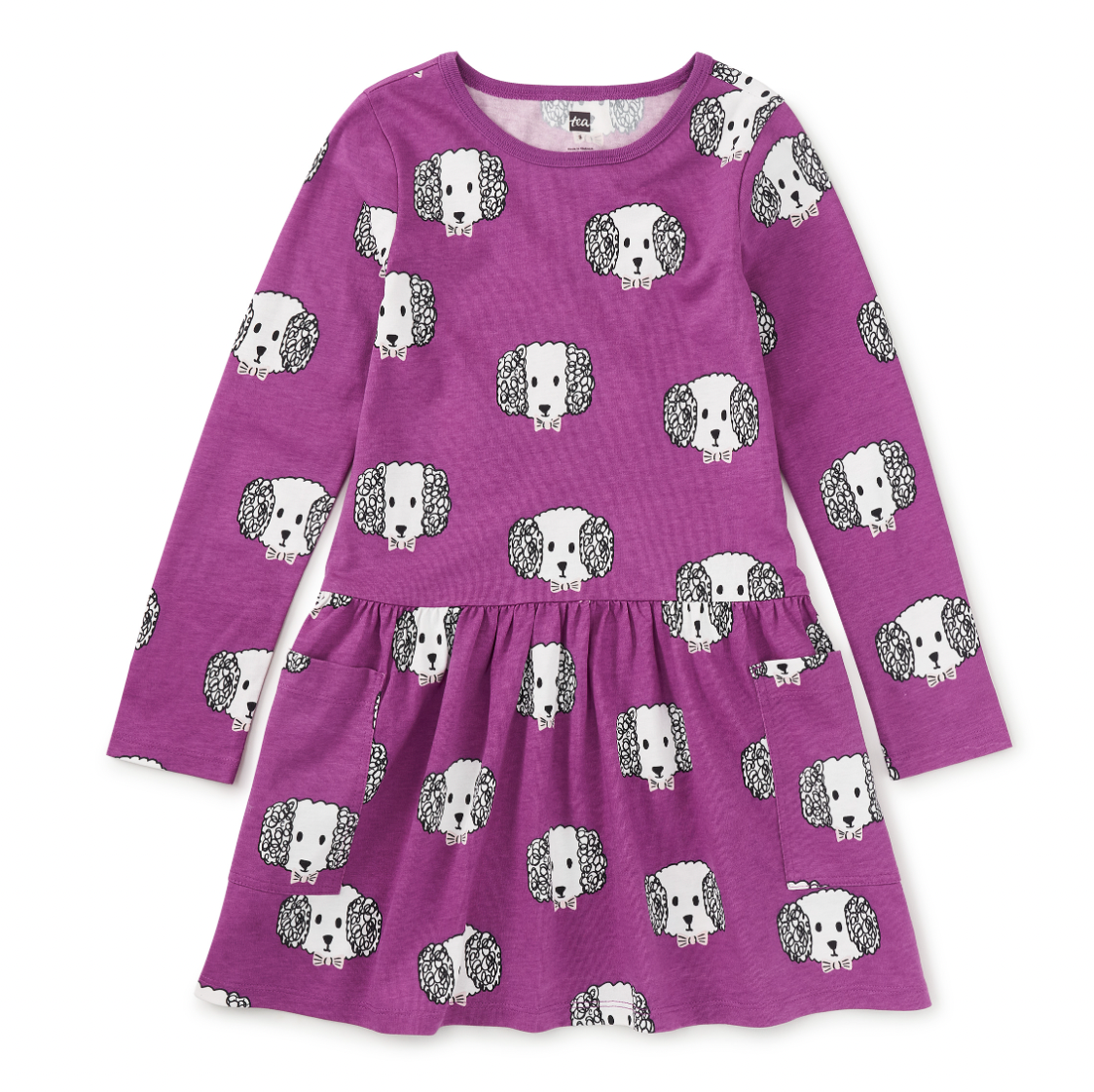 Purple dress with dog pattern on a white background
