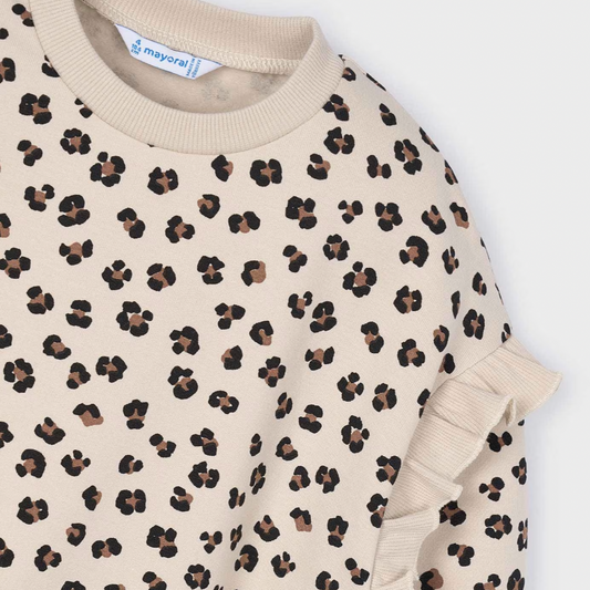 Leopard Print Sweatshirt with Ruffle Shoulder