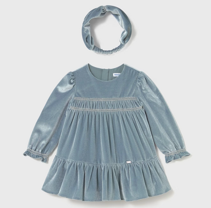 Blue Velvet Dress with Headband