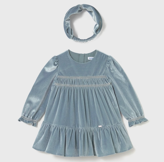 Blue Velvet Dress with Headband