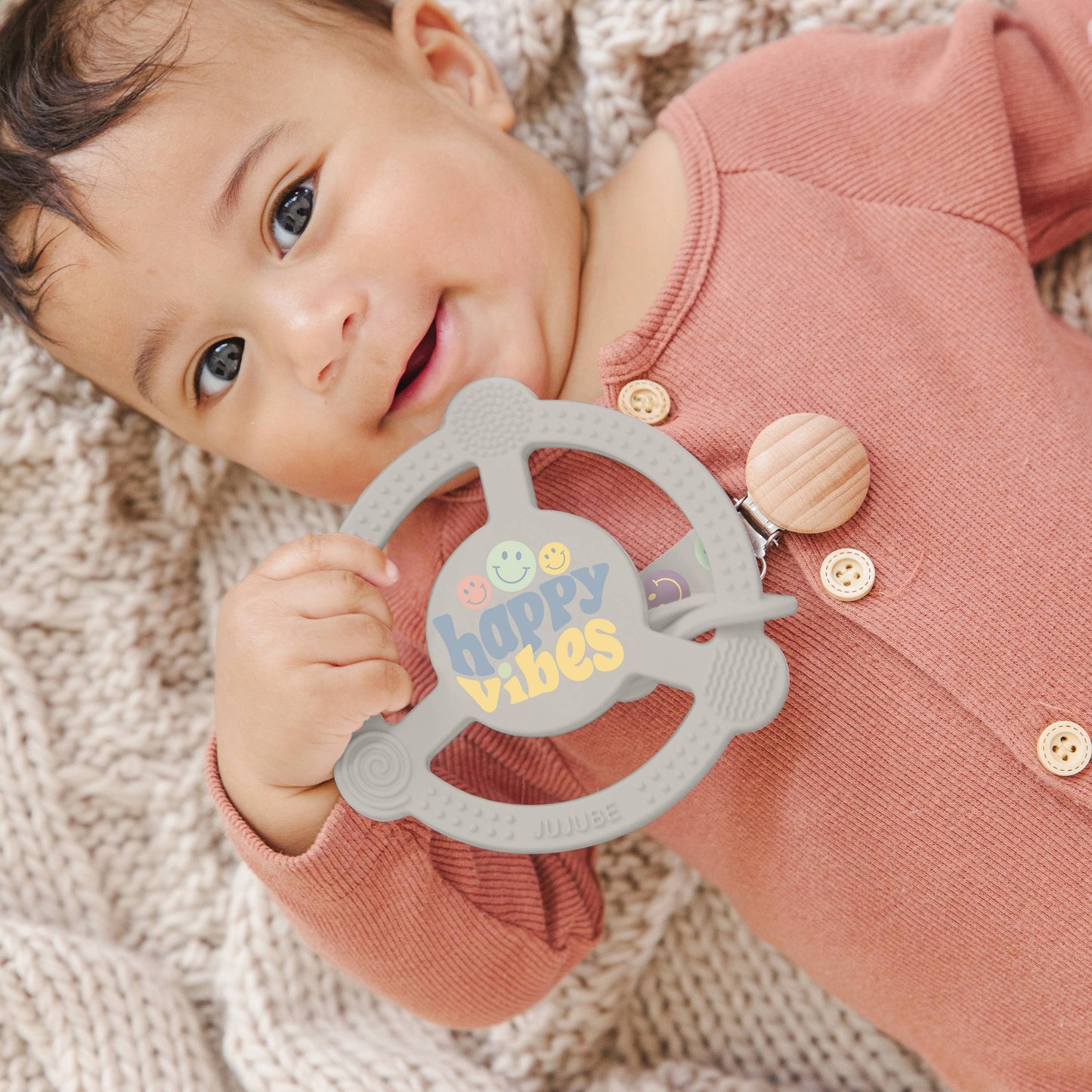 Silicone Teether Ring with Detachable Clip Happy Baby Vibes