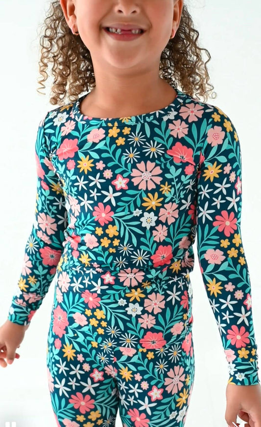Kids Bamboo Pajamas -Fall Clothing- Navy Floral - Maren