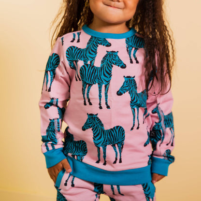 Blue Zebras on Pink Kids Sweatshirt