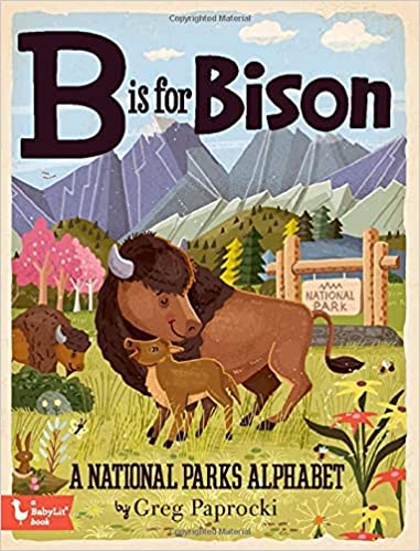 Board book titled B is for Bison featuring an image of bison and mountains.