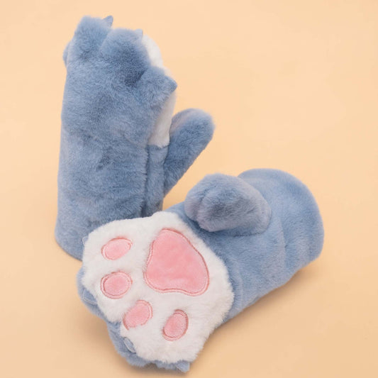 Kids Bear Paw Fluffy Mittens - Blue