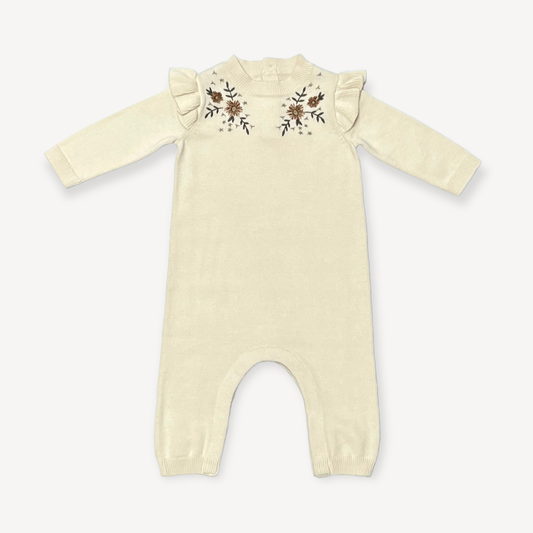 Milan Floral Embroidered Ruffle Knit Baby Jumpsuit (Organic)