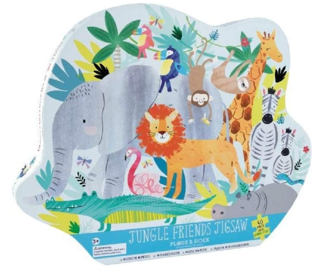 40 piece jungle friends jigsaw puzzle containing images of animals such as zebras, elephants, lions, giraffes, monkeys and more!